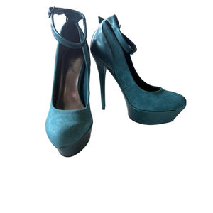 NEW Super High Suede Turquoise Platform Heels Size 7 leather upper